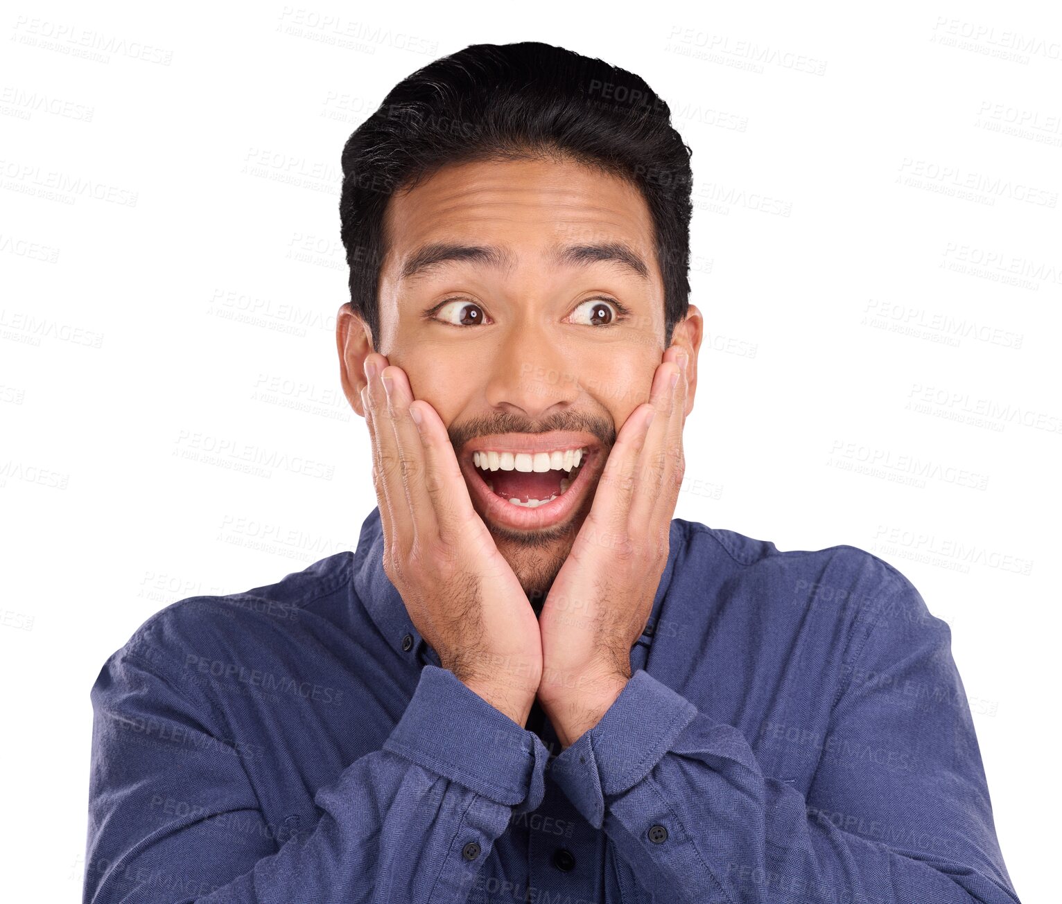 Buy stock photo Business man, wow and surprise for news, announcement or winning bonus, achievement or success. Happy or excited asian worker in shock for goals or opportunity 
isolated on transparent png background