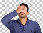 Hand, face and regret with a man in studio on a gray background feeling disappointed by a mistake. Facepalm, problem and frustrated with a male covering his eyes while annoyed, upset or ashamed