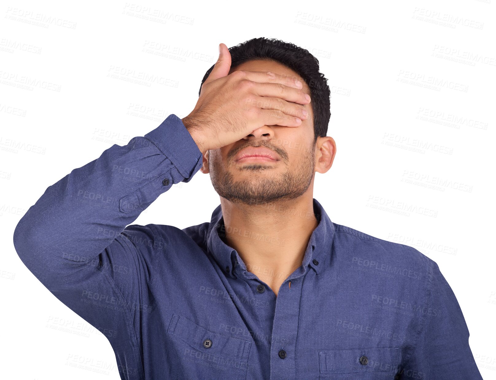 Buy stock photo Business man, cover face and hand for stress, tired or sad for career fail, mistake or stock market crash. Worker or trader with facepalm emoji, wrong trading or regret on transparent png background