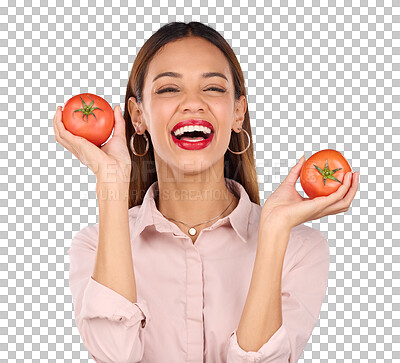Portrait, black woman and tomatoes for diet, vegan and healthy lifestyle against a grey studio background. Face, Jamaican female and lady with red vegetables, aesthetics and wellness with happiness