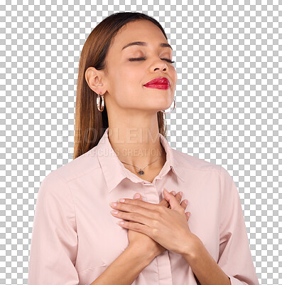 Buy stock photo Hands on chest, thank you and woman with hope sign on isolated, transparent or png background. Self love, acceptance and calm model with breathing gratitude, kindness or inner peace, empathy or emoji