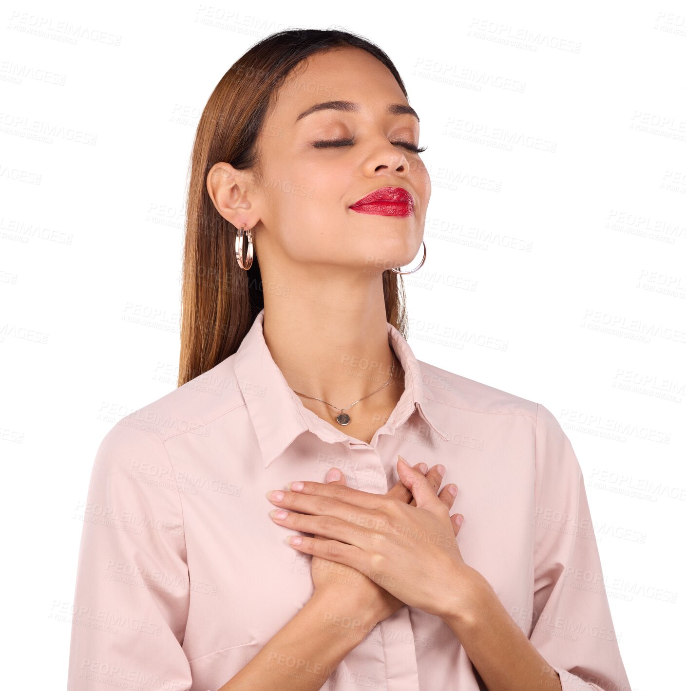 Buy stock photo Hands on chest, thank you and woman with hope sign on isolated, transparent or png background. Self love, acceptance and calm model with breathing gratitude, kindness or inner peace, empathy or emoji