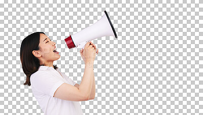 Buy stock photo Megaphone announcement, scream or profile woman protest for democracy vote, justice or human rights rally. Asian person, speech and loud on isolated or transparent png background for communication