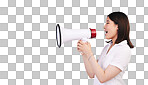 Megaphone announcement, studio or profile woman with sales disco