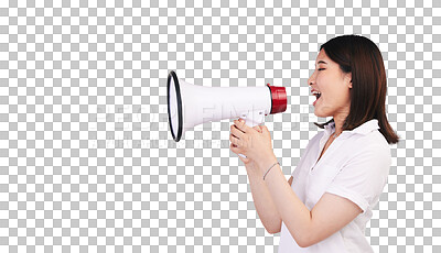 Buy stock photo Woman, megaphone and voice in announcement to broadcast, advertising deal and breaking news. Asian person, speaker and microphone noise for promotion and isolated on transparent png background