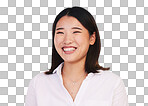 Portrait, happy and asian woman laugh in studio with funny, joke