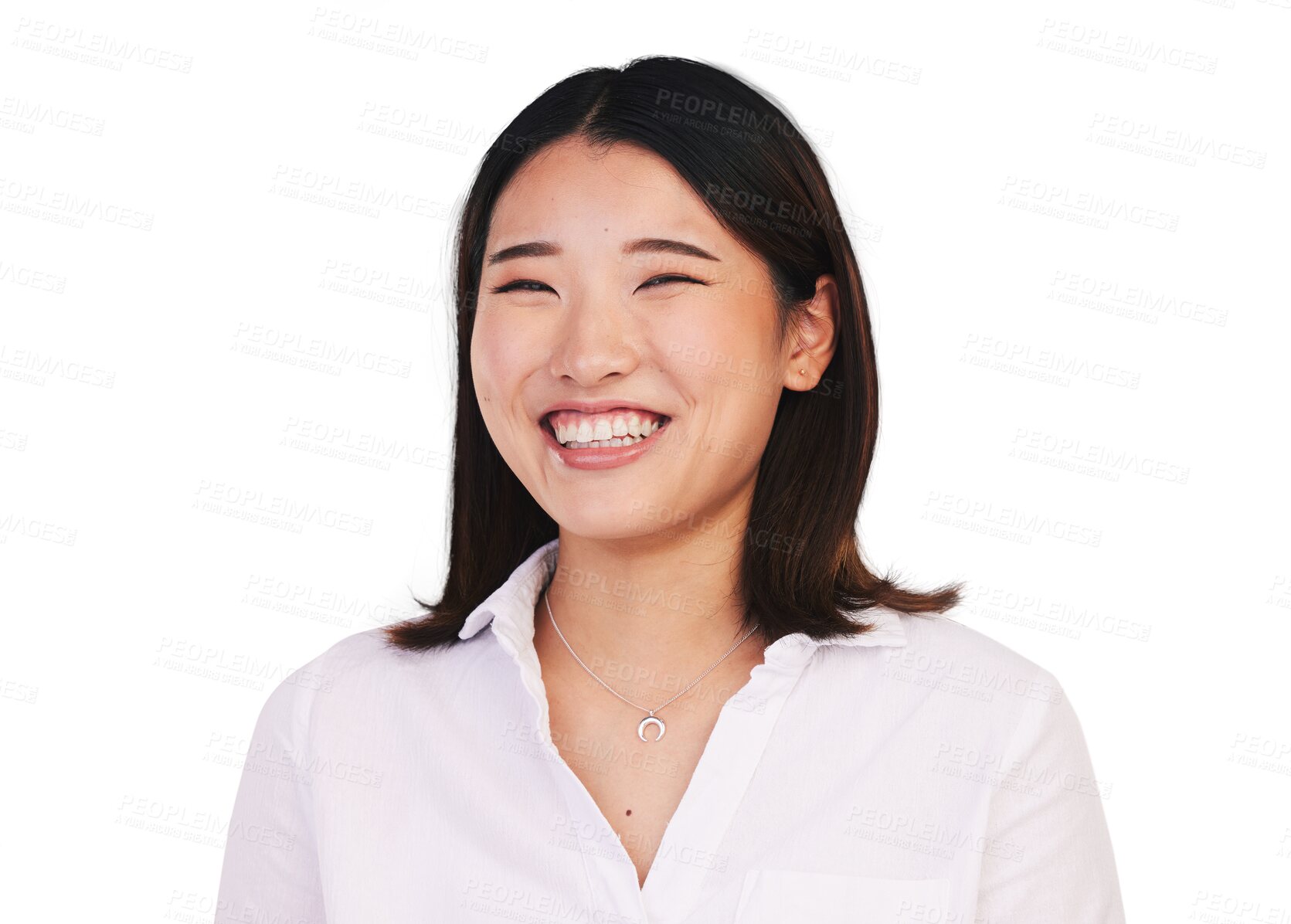 Buy stock photo Woman, happy and confident portrait with positive attitude for young model for wellness. Asian person, face and smile  face for gratitude with relax fashion and isolated on transparent png background
