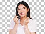 Happy asian woman, portrait and love hands, sign or gesture in r