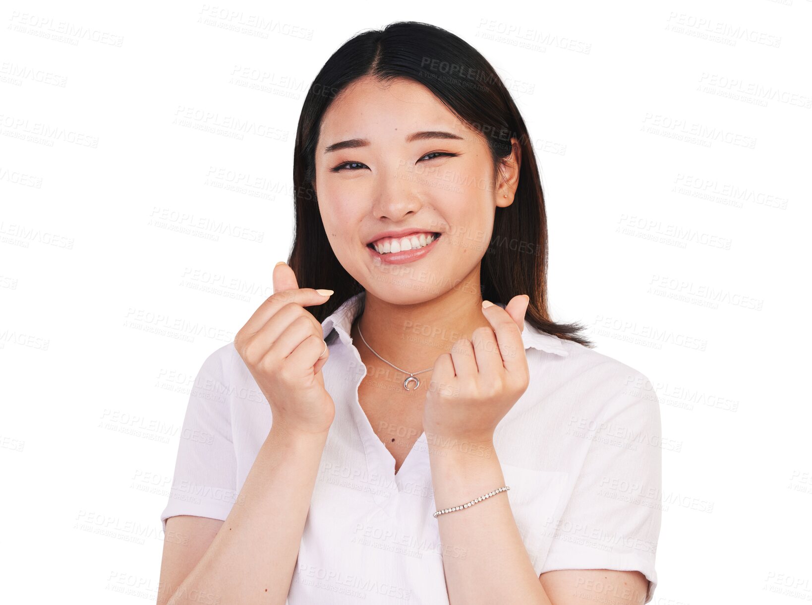 Buy stock photo Happy, woman or portrait with snap fingers as gesture, romance or care with kindness on date.  Face, japanese person and smile in emoji for valentines day and isolated on transparent png background 