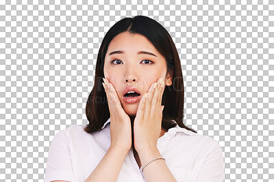 Buy stock photo Woman, asian and shock portrait for drama or fake news, gossip and secret information. Young model, japanese and surprise on face with worry in alarm, hands and isolated on transparent png background