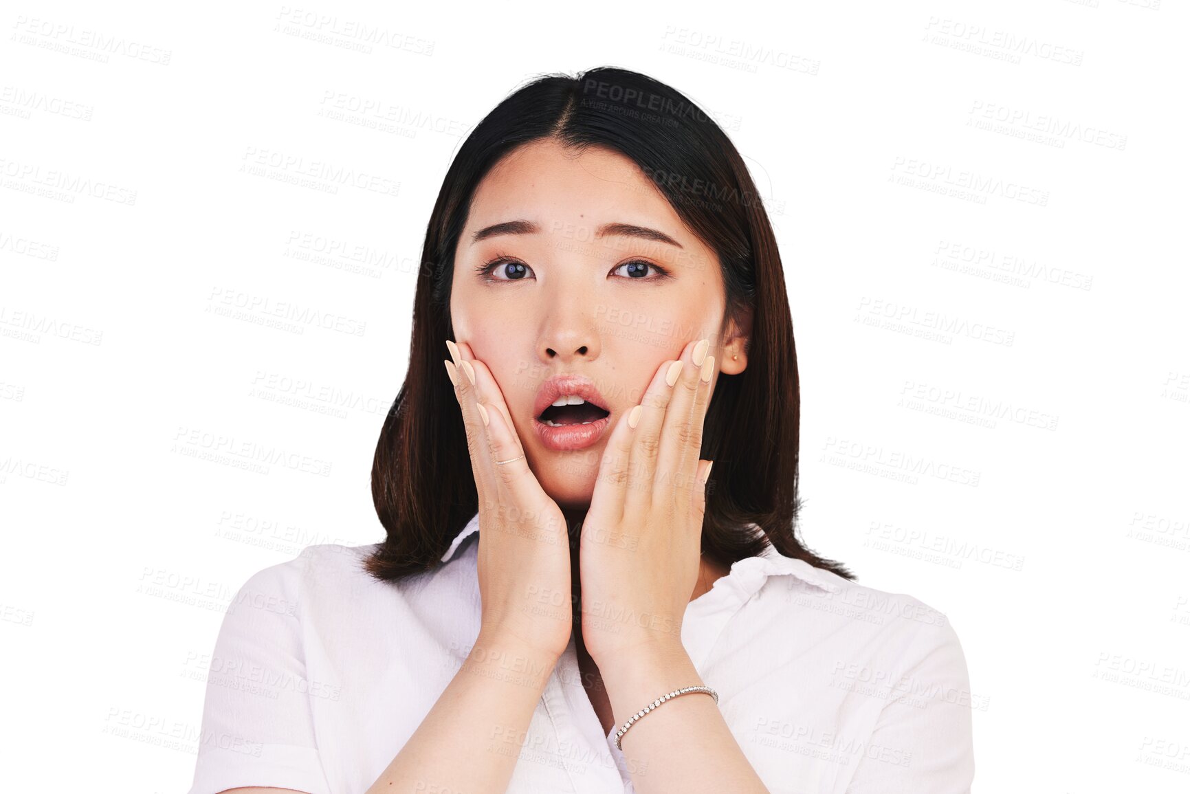 Buy stock photo Woman, asian and shock portrait for drama or fake news, gossip and secret information. Young model, japanese and surprise on face with worry in alarm, hands and isolated on transparent png background