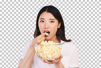 Popcorn, hungry and woman portrait eating a movie snack in a stu