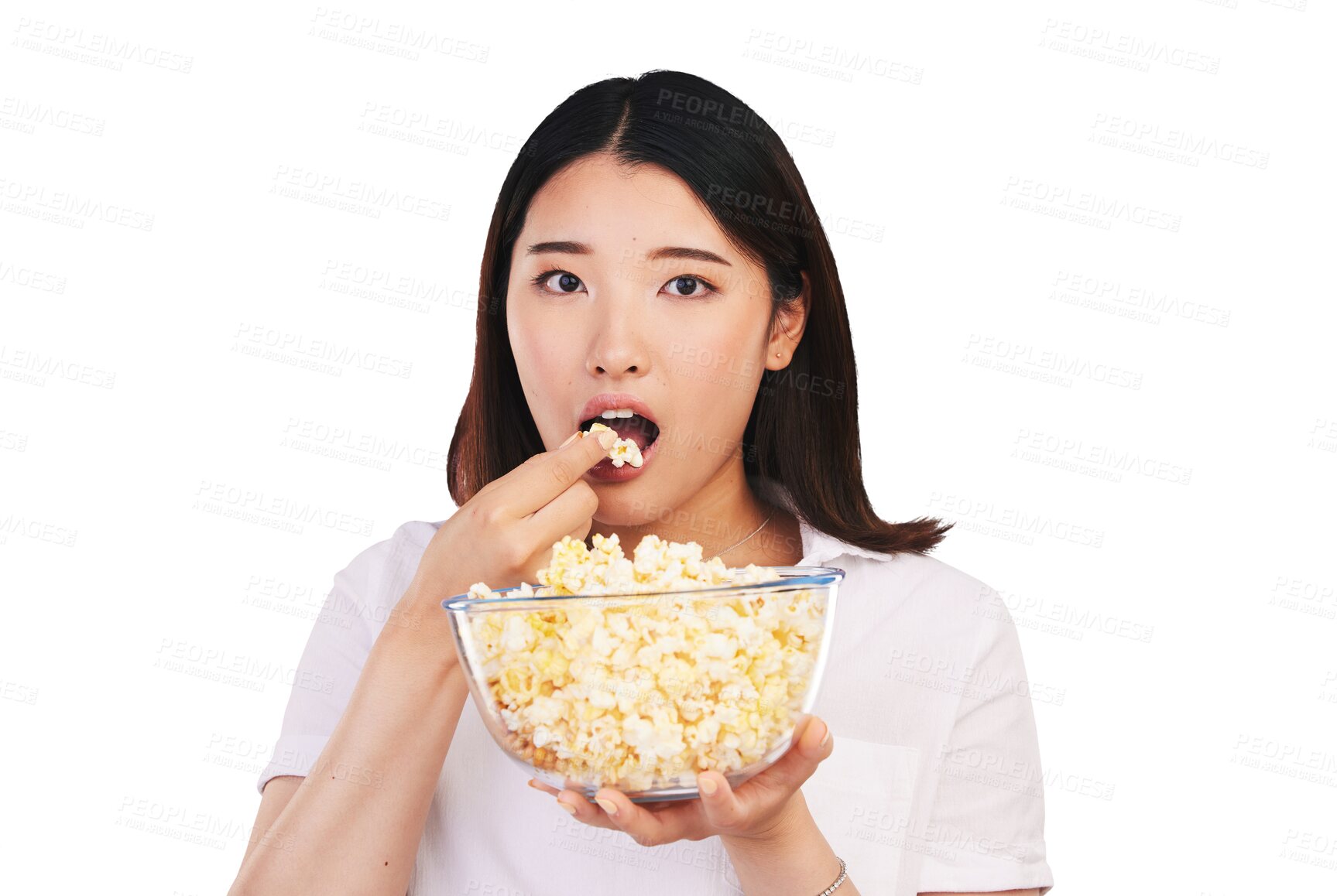 Buy stock photo Portrait, woman and watching tv with popcorn for eating, delicious or snack for movie. Asian person, hungry and food on isolated or transparent png background for cinema, theatre or entertainment