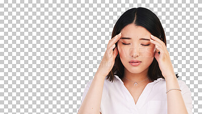 Asian woman, headache and stress in anxiety, burnout or tired ag