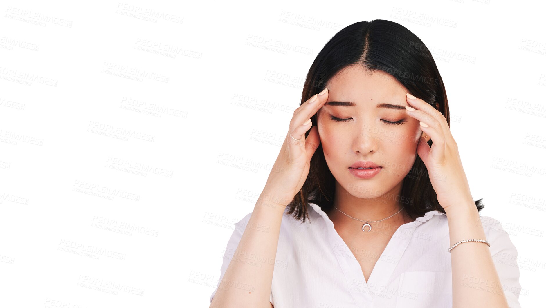 Buy stock photo Asian, woman and headache as stress anxiety or tired migraine, isolated on transparent png background. Female person, hands or mental health or injury or unhappy face for temple pressure, mind or sad