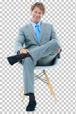 Buy stock photo Businessman, suit and portrait with smile, happy and chair for company and isolated on transparent png background. Corporate, executive and sitting as manager, male person and positive for profession