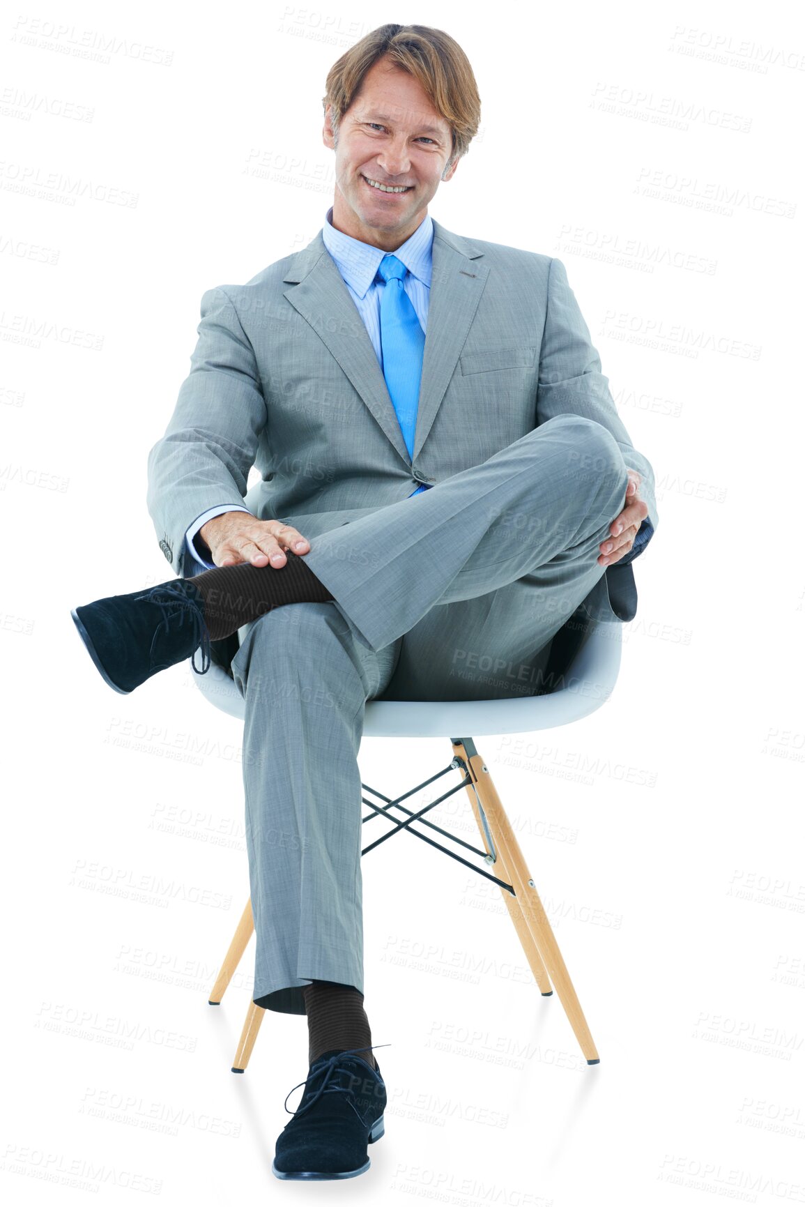 Buy stock photo Businessman, suit and portrait with smile, happy and chair for company and isolated on transparent png background. Corporate, executive and sitting as manager, male person and positive for profession