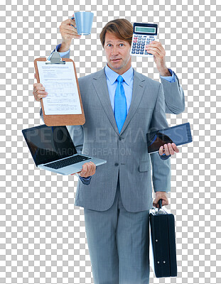 Buy stock photo Man, business and portrait for multitasking hands or work stress, laptop or briefcase isolated on transparent png. Male person, face and juggle workflow for anxiety, time management or productivity