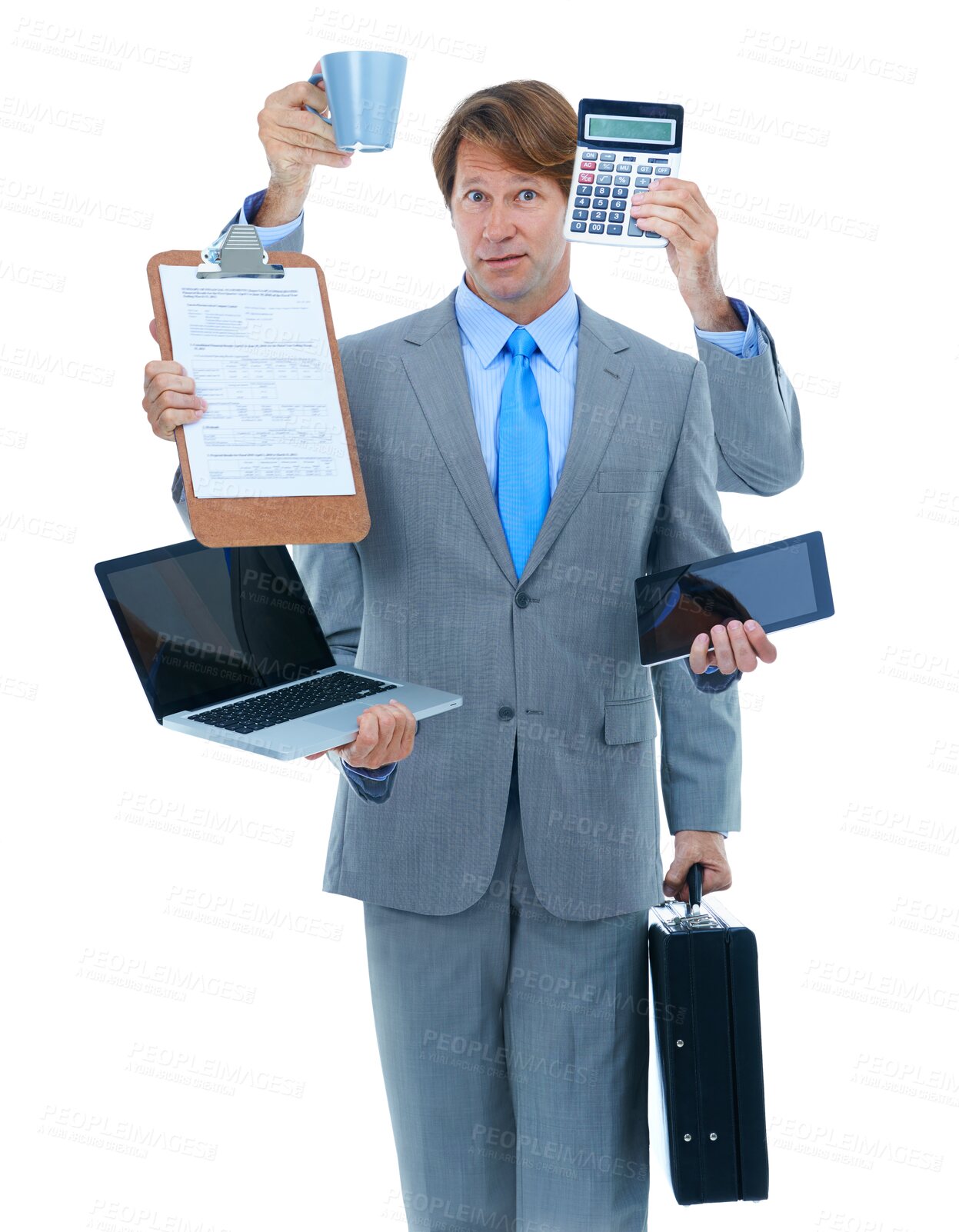 Buy stock photo Man, business and portrait for multitasking hands or work stress, laptop or briefcase isolated on transparent png. Male person, face and juggle workflow for anxiety, time management or productivity