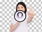 Megaphone announcement, portrait and Asian woman with stop hand