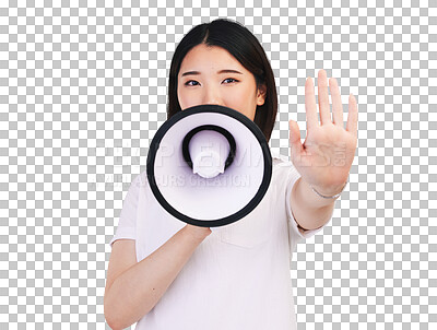 Buy stock photo Portrait, ,megaphone and stop with the palm of an asian woman isolated on transparent background. Communication, hand gesture or rejection with a young person talking through a speaker on PNG