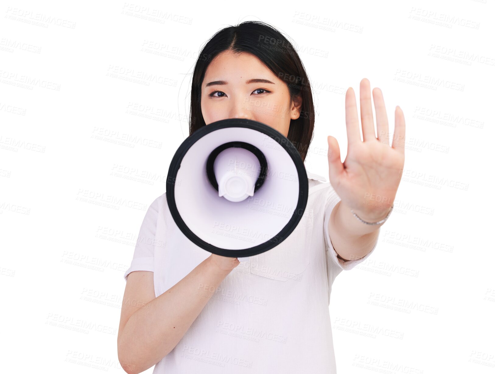 Buy stock photo Portrait, ,megaphone and stop with the palm of an asian woman isolated on transparent background. Communication, hand gesture or rejection with a young person talking through a speaker on PNG