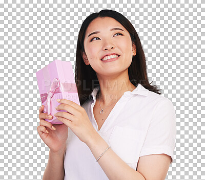 Buy stock photo Gift, thinking and Asian woman giving present box happy for celebration with happiness. Female person, smile and giveaway on isolated or transparent png background with ribbon for surprise on package