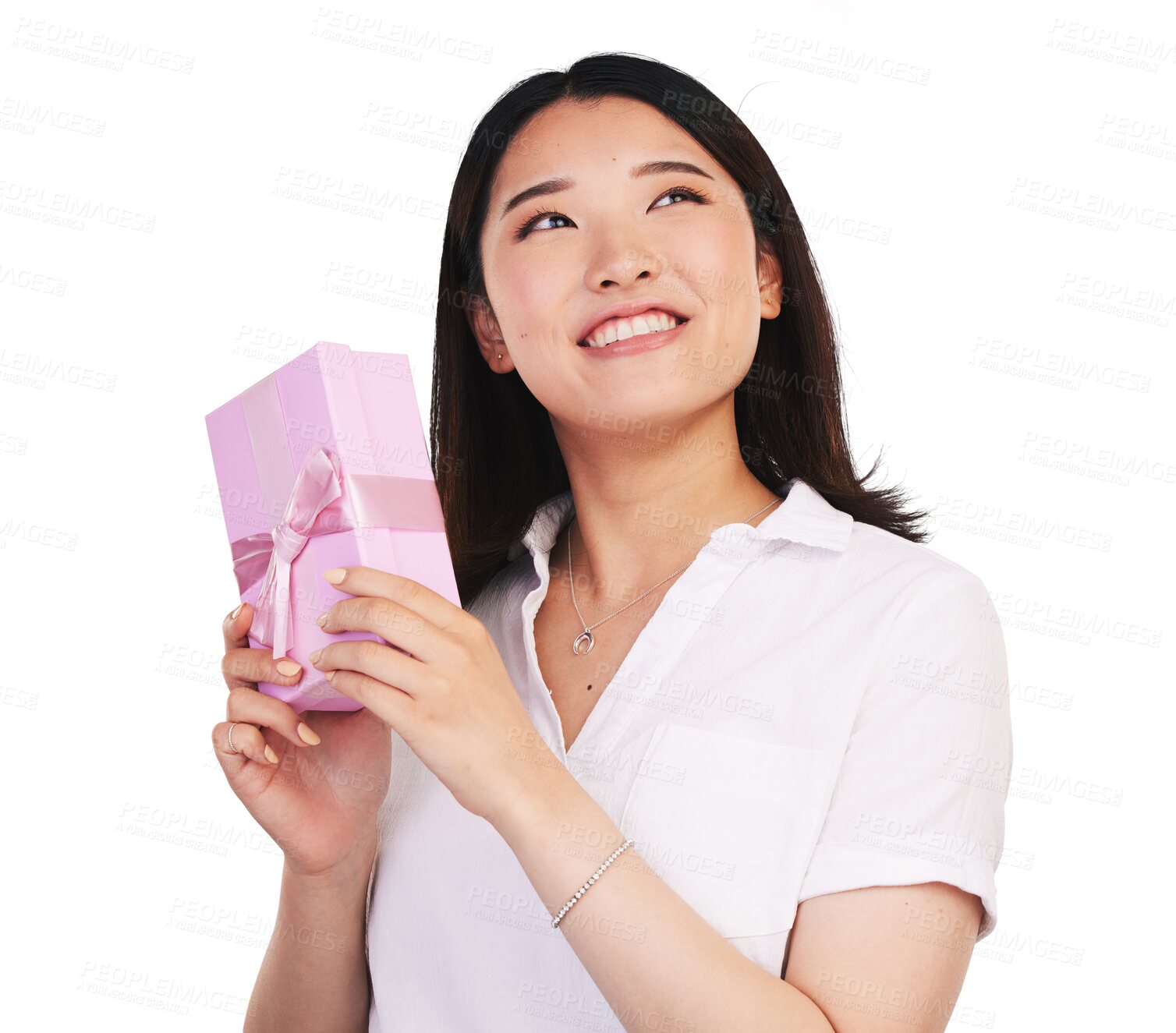 Buy stock photo Gift, thinking and Asian woman giving present box happy for celebration with happiness. Female person, smile and giveaway on isolated or transparent png background with ribbon for surprise on package