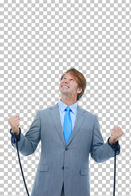 Buy stock photo Business man, hostage and stress with hands in rope for corporate exploitation by transparent png background. Entrepreneur, thinking and fight for freedom with compliance, law or regulation policy