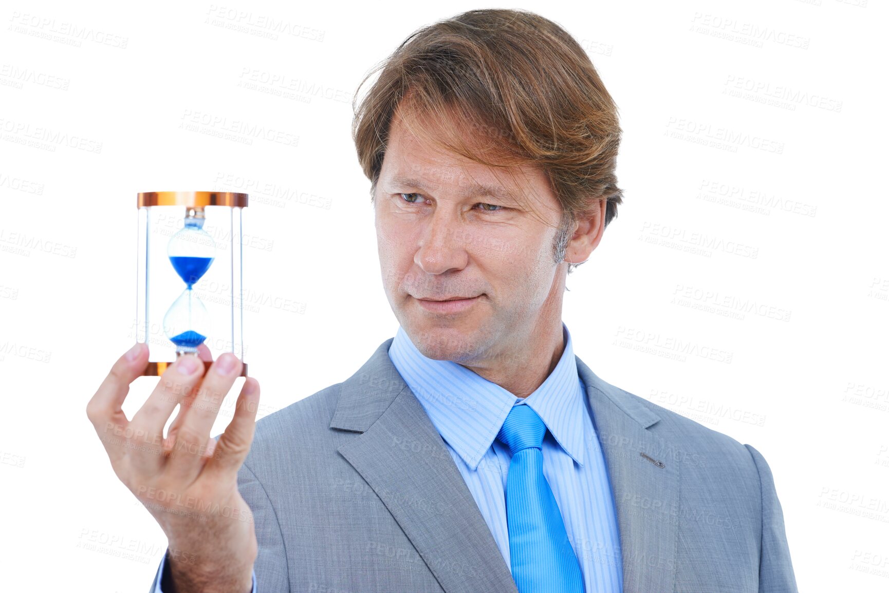 Buy stock photo Business man, hourglass and thinking of solution, problem solving or deadline, sand and future plan. Mature worker running out of time for investment, choice or decision on transparent png background