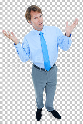 Buy stock photo Portrait, shrug and a confused business man isolated on a transparent background to ask a question. Doubt, why and problem solving with a mature employee on PNG looking clueless about a decision