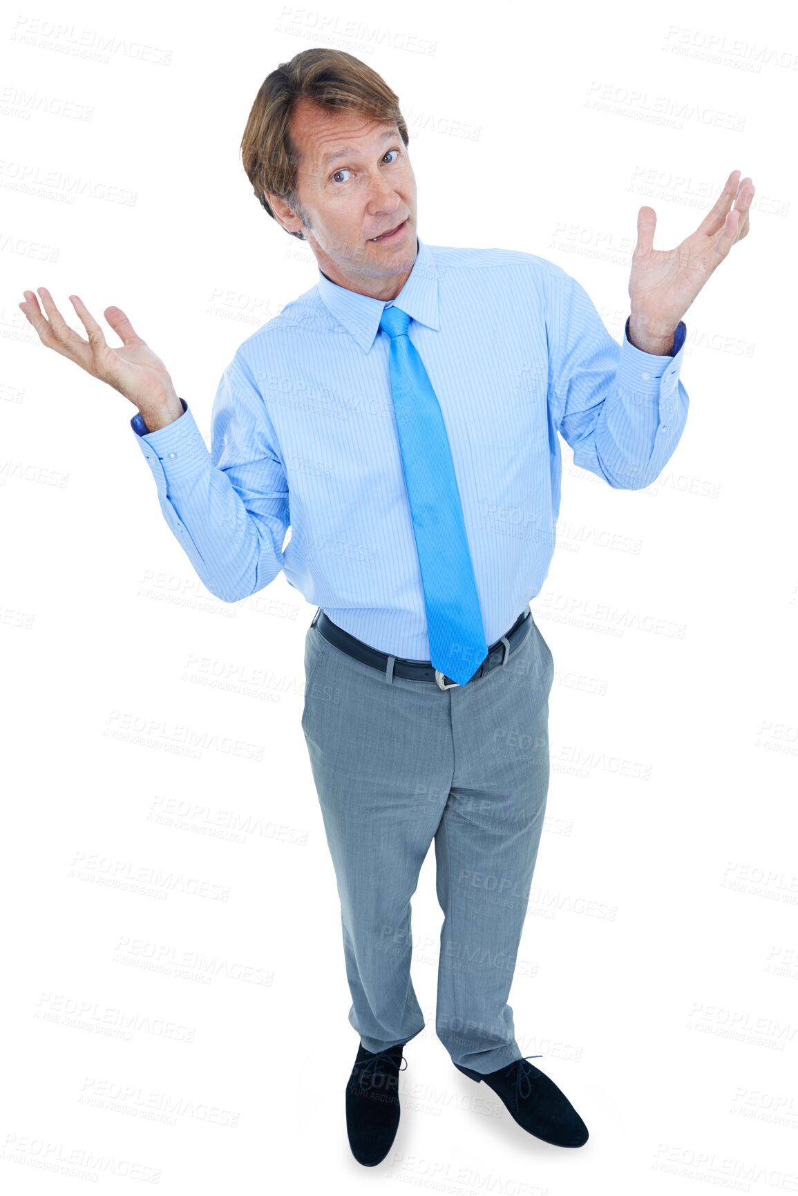 Buy stock photo Portrait, shrug and a confused business man isolated on a transparent background to ask a question. Doubt, why and problem solving with a mature employee on PNG looking clueless about a decision