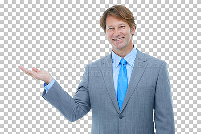 Buy stock photo Isolated business man, open hand and portrait with smile, suit and presentation by transparent png background. Mature entrepreneur, palm and happy executive to show, face or pride in corporate career