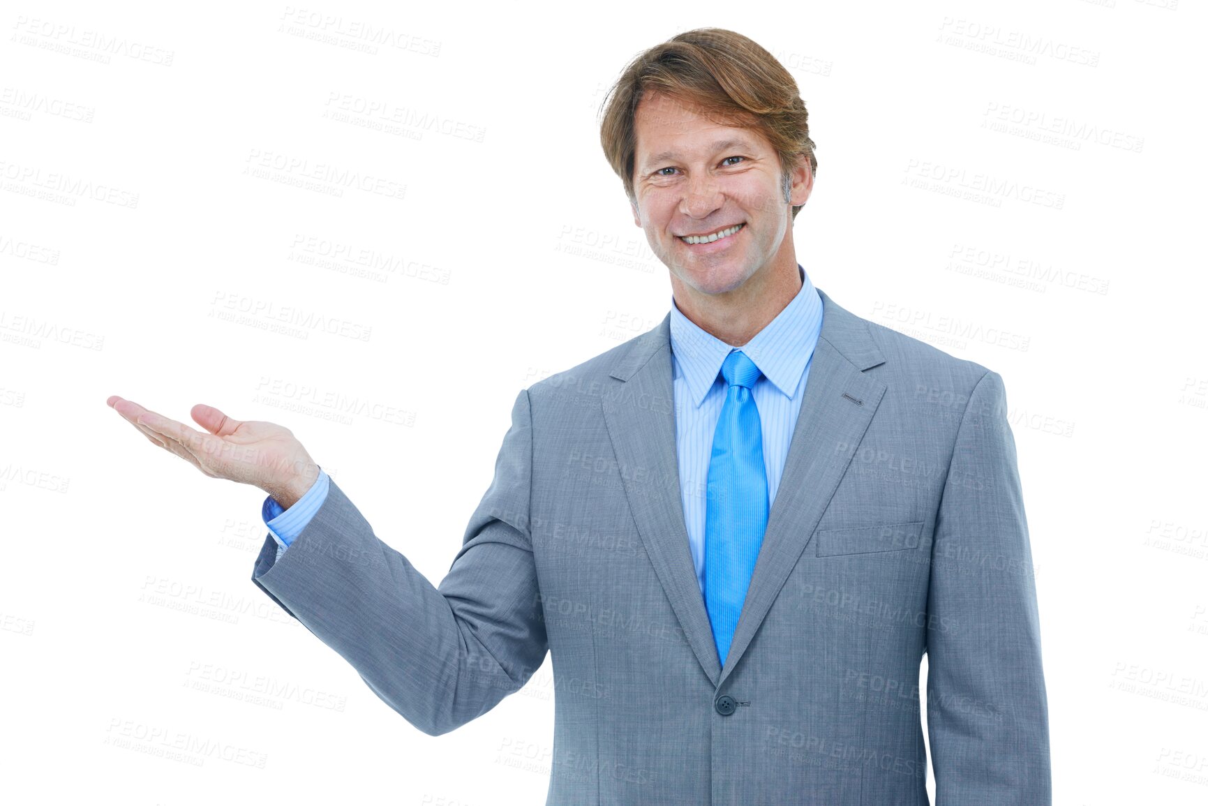 Buy stock photo Isolated business man, open hand and portrait with smile, suit and presentation by transparent png background. Mature entrepreneur, palm and happy executive to show, face or pride in corporate career