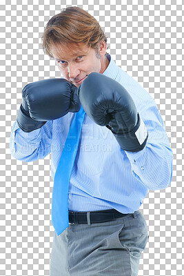 Buy stock photo Businessman, boxing gloves and portrait for fight, strong and corporate on isolated transparent png background. Entrepreneur, alone and executive for company, assertive and confident for challenge