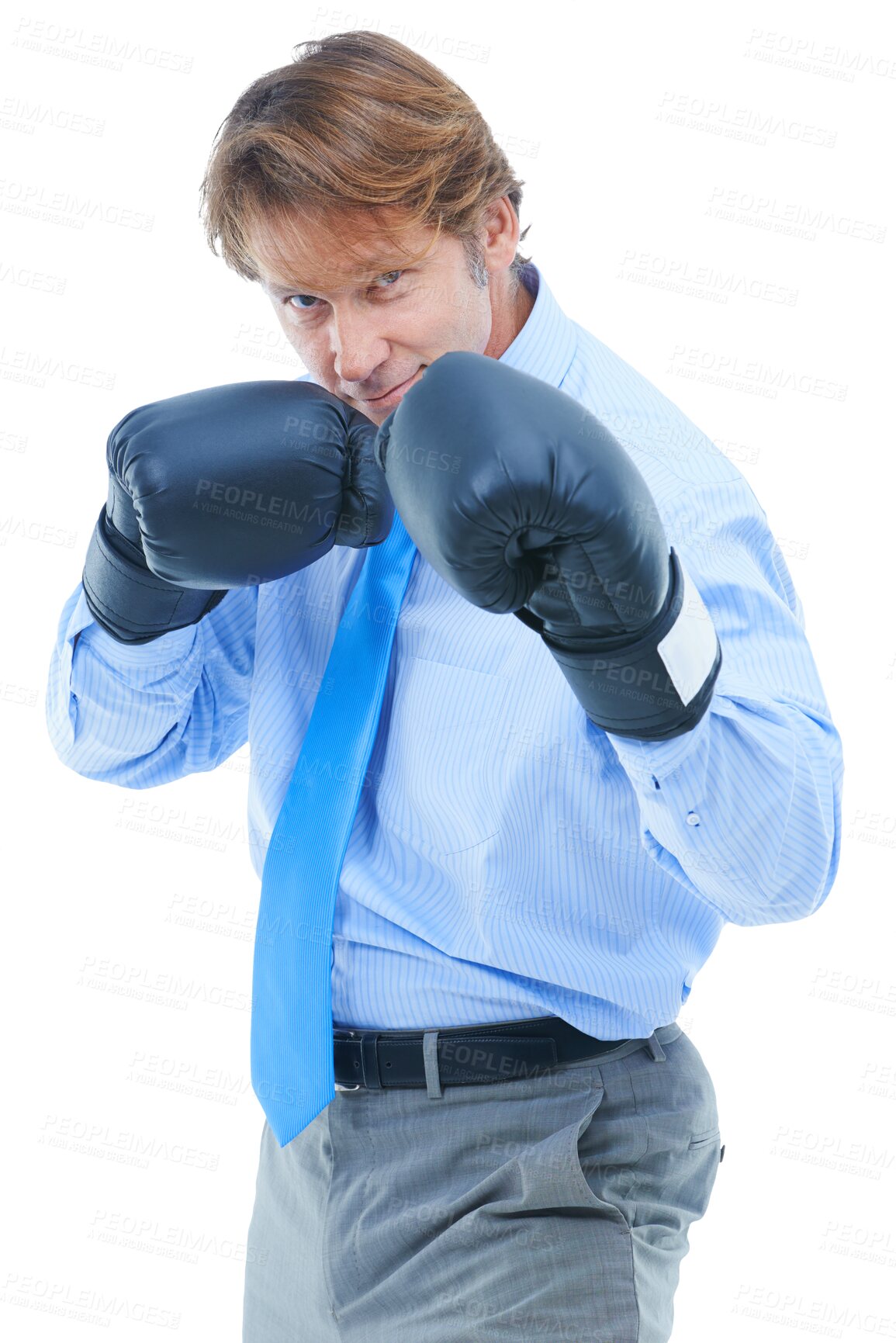 Buy stock photo Businessman, boxing gloves and portrait for fight, strong and corporate on isolated transparent png background. Entrepreneur, alone and executive for company, assertive and confident for challenge