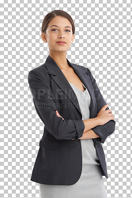 Buy stock photo Portrait, business and woman with arms crossed, employee and confident model isolated on a transparent background. Person, worker and consultant with professional, proud and lawyer with png and agent