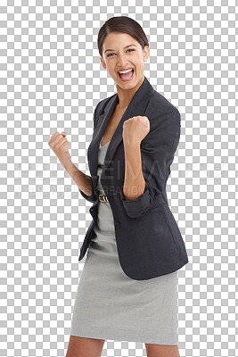 Buy stock photo Business woman, winner and portrait for success, corporate and career achievement or celebration. Female person, motivation and yes for bonus, opportunity and isolated on transparent png background