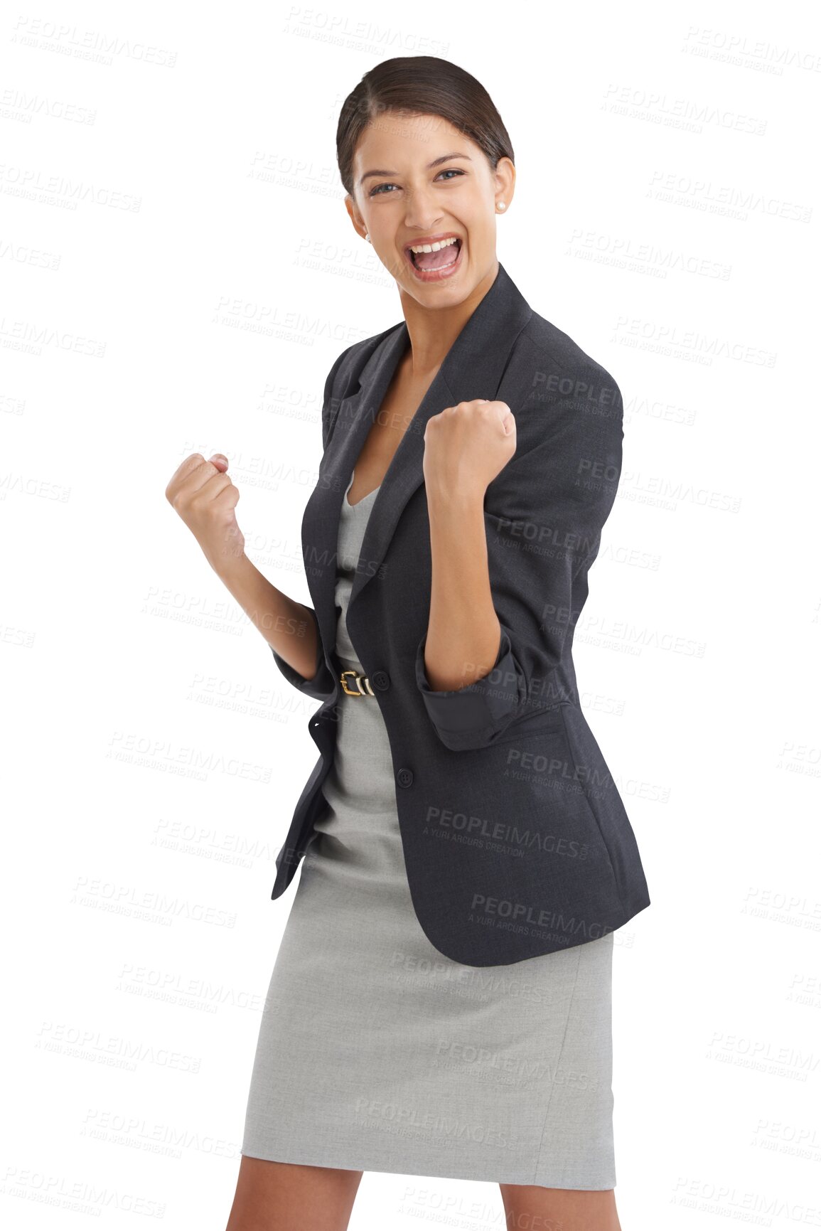 Buy stock photo Business woman, winner and portrait for success, corporate and career achievement or celebration. Female person, motivation and yes for bonus, opportunity and isolated on transparent png background