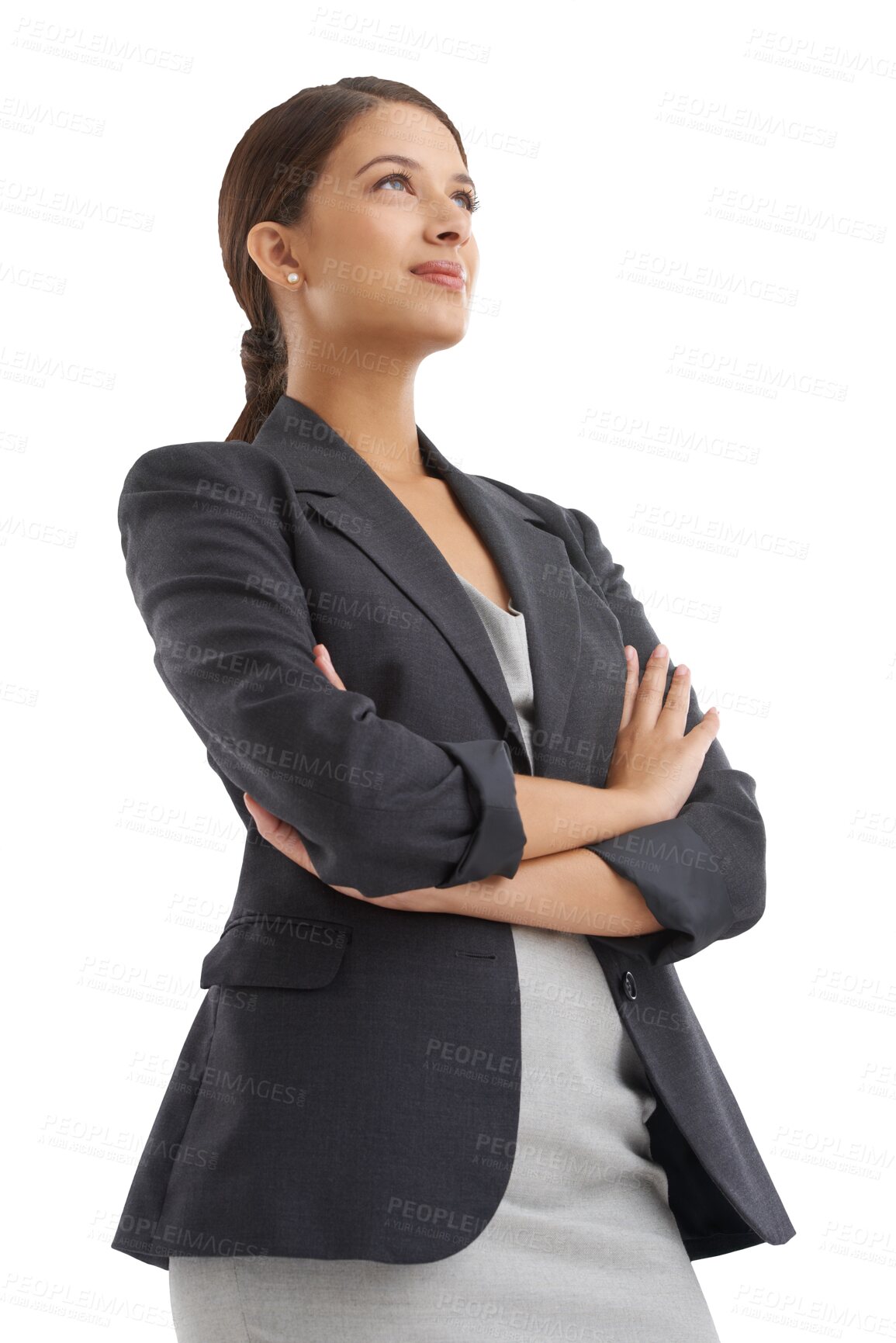 Buy stock photo Business woman, arms crossed and thinking for career, pride and smile for idea in company. Happy female person, confidence and vision for growth, future and isolated on transparent png background