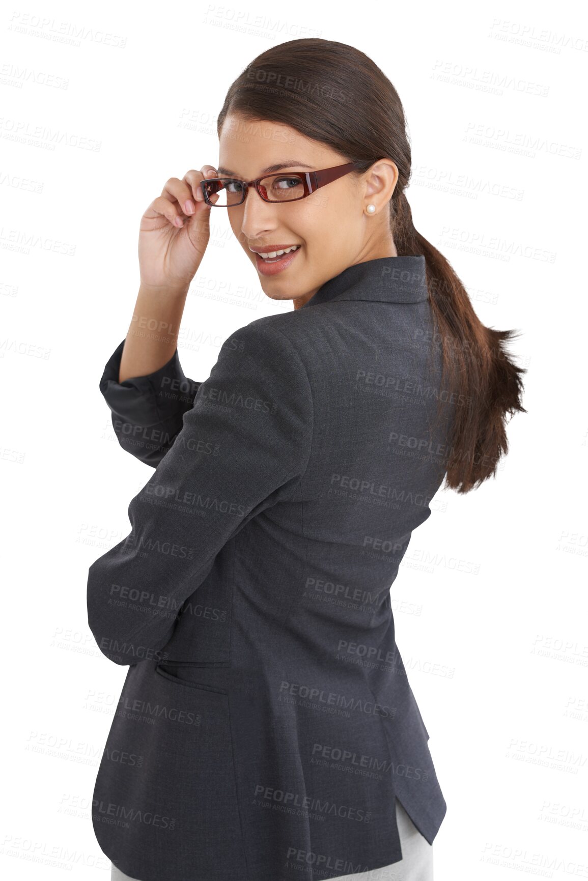 Buy stock photo Portrait, businesswoman and smile with glasses for vision, fashion or corporate career. Indian person, female model or lawyer on isolated or transparent png background in modern, trendy and style