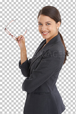 Buy stock photo Portrait, business and woman with glasses, smile and accountant isolated on transparent background. Face, person and employee with eyewear, happiness and investor with png, consultant or entrepreneur