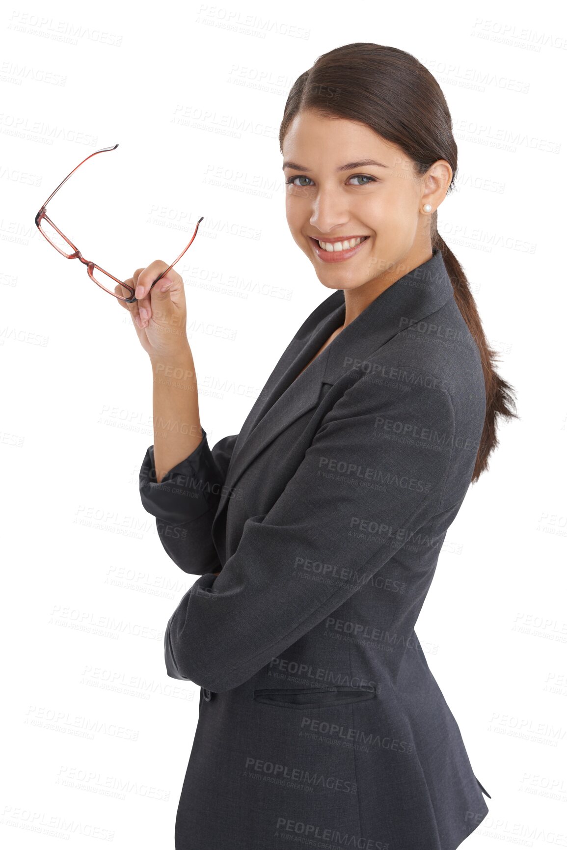 Buy stock photo Portrait, business and woman with glasses, smile and accountant isolated on transparent background. Face, person and employee with eyewear, happiness and investor with png, consultant or entrepreneur