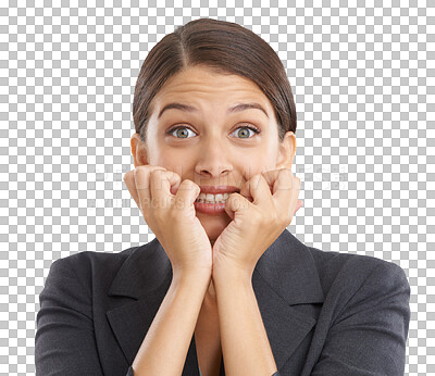 Buy stock photo Portrait, biting nails and a business woman isolated on a transparent background with stress about the economy. Face, anxiety and fear with a young employee on PNG, scared about a financial crisis