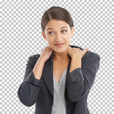 Buy stock photo Business woman, stress and shoulder pain with muscle tension, burnout and worker crisis on isolated, transparent and png background. Neck ache, massage and inflammation injury for corporate employee