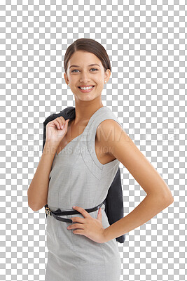 Buy stock photo Portrait, confident business woman and happy with jacket for corporate career isolated on transparent png background. Smile, professional entrepreneur and employee, consultant and worker in Brazil