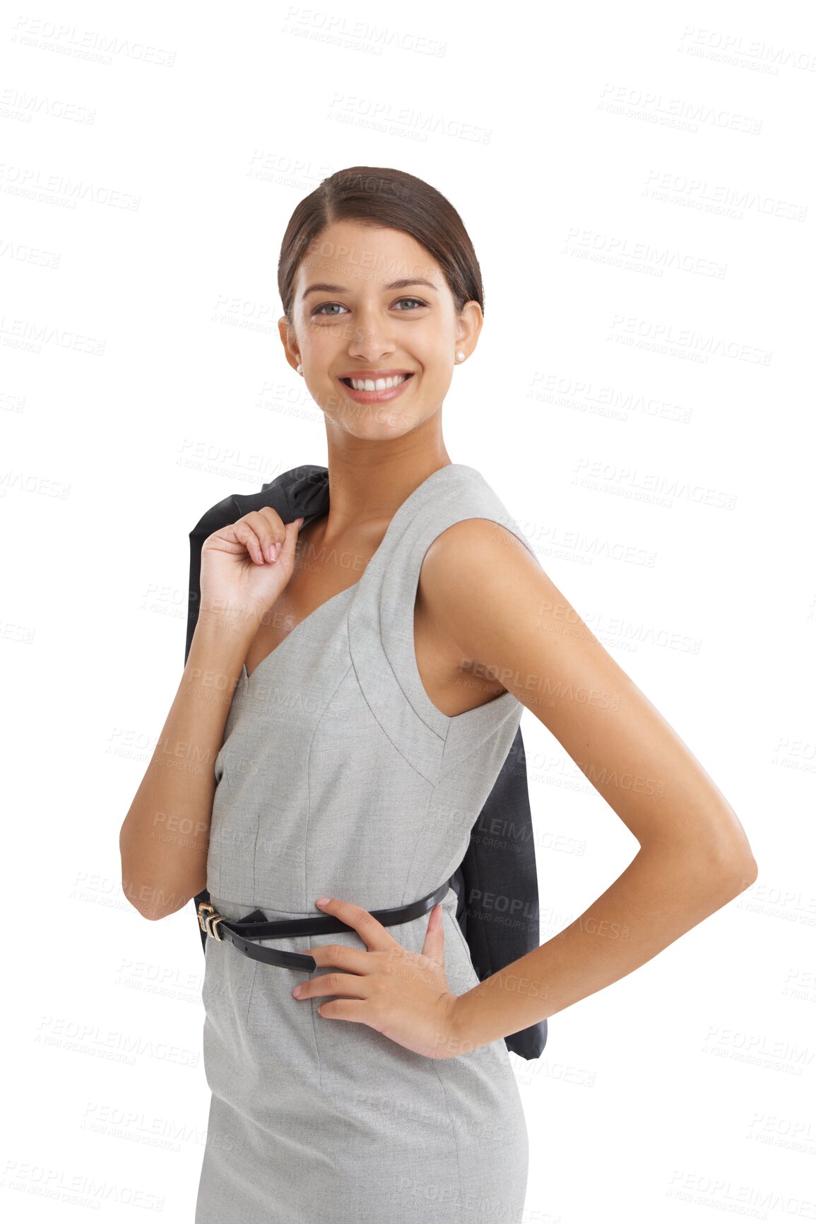 Buy stock photo Portrait, confident business woman and happy with jacket for corporate career isolated on transparent png background. Smile, professional entrepreneur and employee, consultant and worker in Brazil