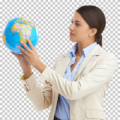 Buy stock photo Woman, thinking and globe for international business, global and isolated on transparent png background. Professional, businesswoman and worker with corporate wear for company, job and confidence