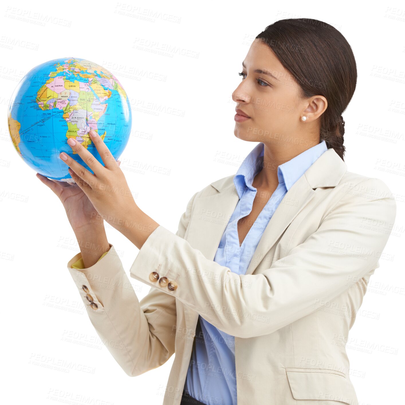 Buy stock photo Woman, thinking and globe for international business, global and isolated on transparent png background. Professional, businesswoman and worker with corporate wear for company, job and confidence