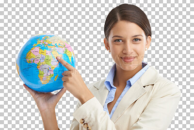 Buy stock photo Woman, portrait and globe for global business, pointing and isolated on transparent png background. Professional, businesswoman and worker with geography location for company, job and confidence